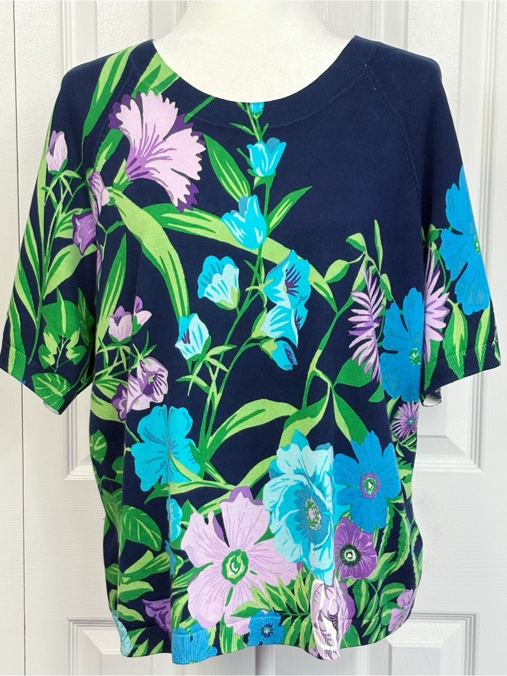 Talbots Navy Blue Multicolor Floral Soft Knit Short Sleeve Sweater Top XLP
